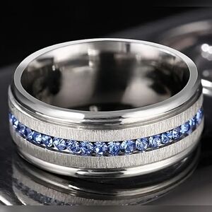 Unisex Blue Topaz band ring in Stainless Steel, Sz.11